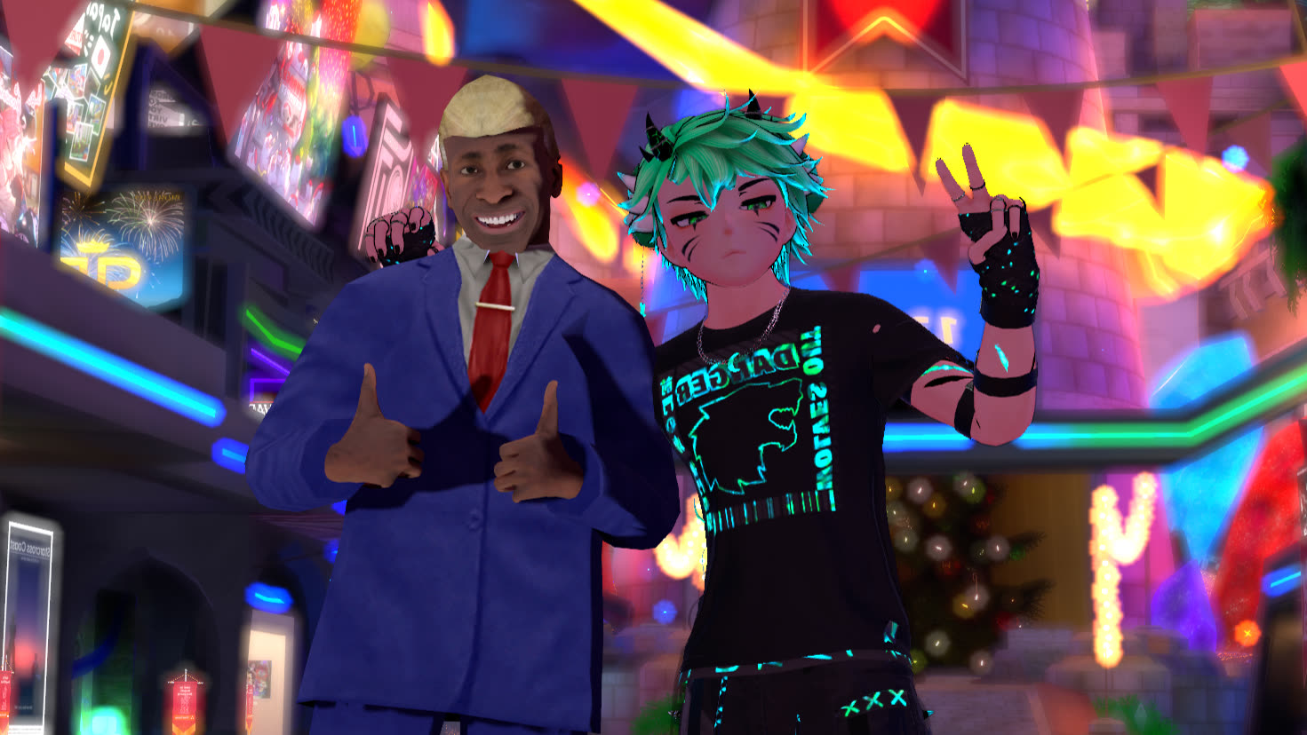 Aron Luz e Maikon VR, fundadores da SideralBrasil, posando juntos em um mundo do VRChat
